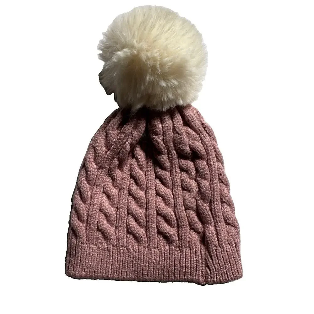 Laura Ashley Baby Beanie 0-6 Months Pink Cable Knit Faux Fur Pom Pom Winter
